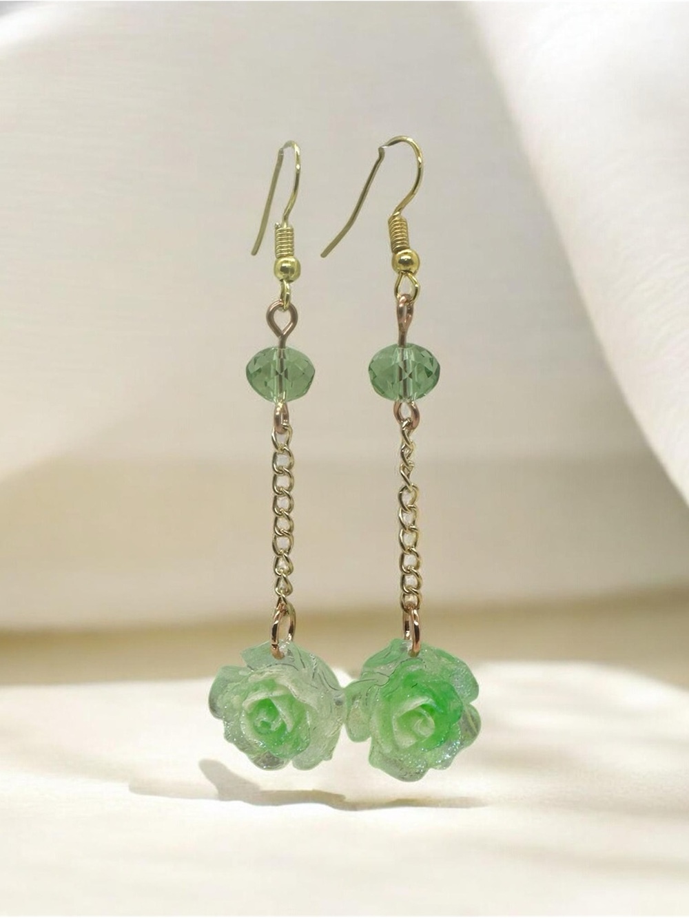 Handmade Green Rose Dangle Earrings with Beads & Chain